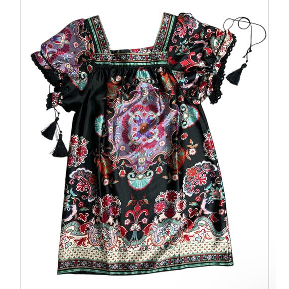 Pura Vida Black Boho Floral Short Dress Short Sleeves Tassel Ties Women's Size 4 - Picture 1 of 8